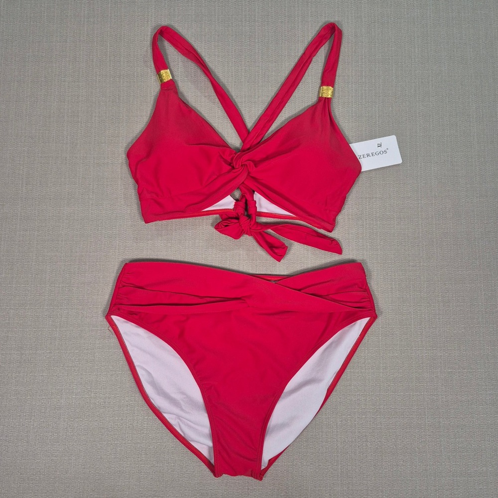 Zeregos Women Red High Waisted Twist Front Bikini Two Piece Swimsuit XL NWT
